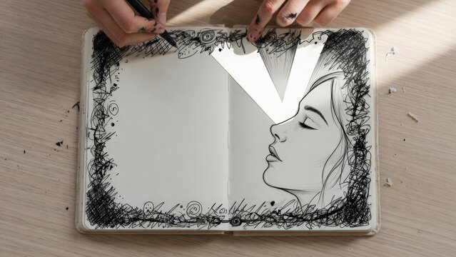 Disegno artistico a penna di un volto di donna su taccuino aperto