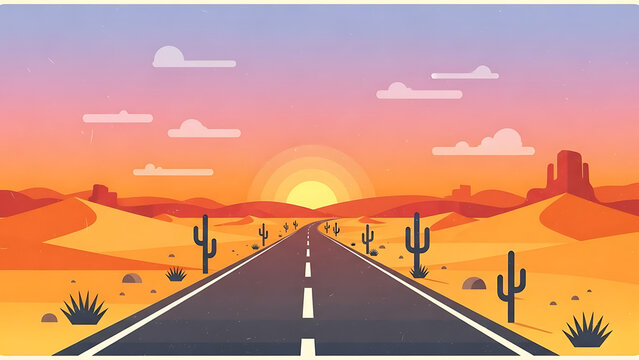 Vintage sunset desert road with cacti and rock formations isolated on a transparent background