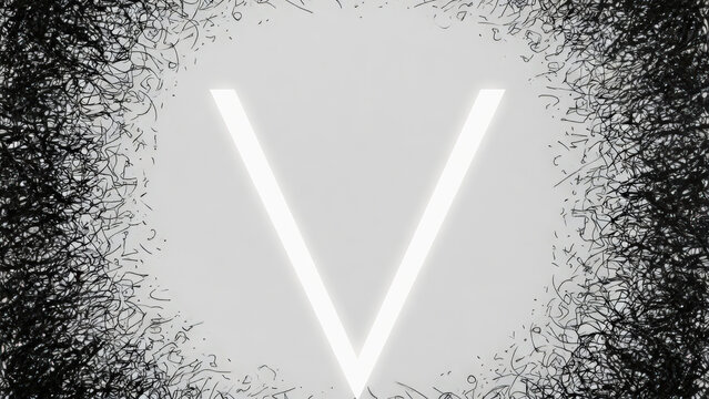 Lettera V al neon luminosa su sfondo astratto scuro