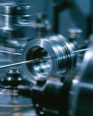 Fototapeta premium Closeup of alloy steel wire being drawn into piston rings showcasing the precision shaping process in an industrial manufacturing setting.