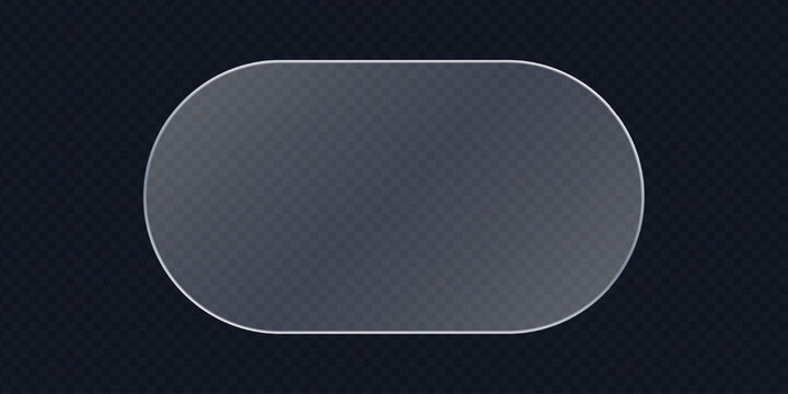 Modern clear glass frame set. Minimalist white glowing capsule buttons for tech app interface design. Vector art