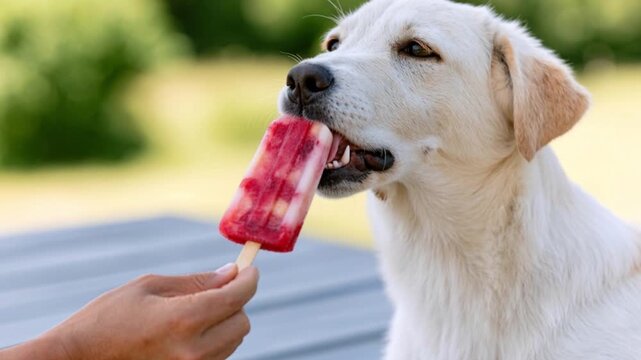 Owner giving dog a refreshing fruit popsicle with visible fruit chunks during summer heat wave