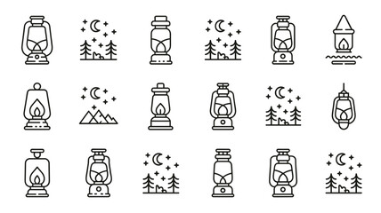 Fototapeta premium Minimalist camping lantern and outdoor night vector icons – Suitable for wilderness recreation guides, gear shops, or scouting blogs.