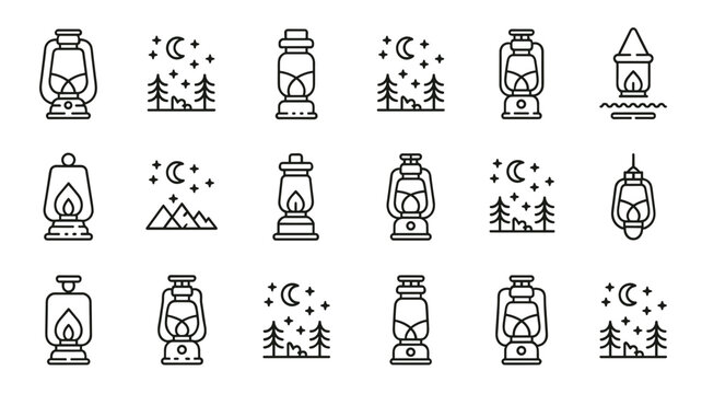 Minimalist camping lantern and outdoor night vector icons &ndash; Suitable for wilderness recreation guides, gear shops, or scouting blogs.