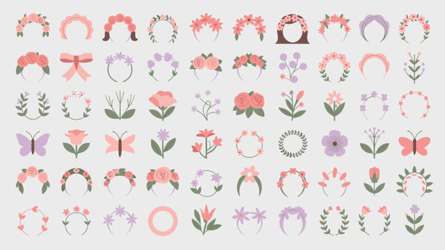 Minimalist floral crown and spring celebration vector icon sheet &ndash; Perfect for bridal event planning, fashion blogs, or digital graphics.