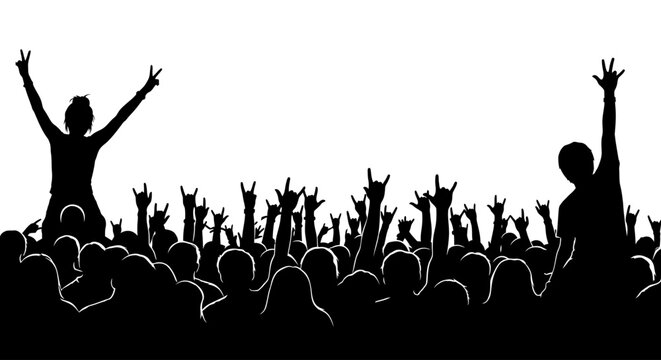 Dynamic silhouette of an excited concert crowd with hands raised high in the air, expressing joy and enthusiasm during a live music event or festival performance