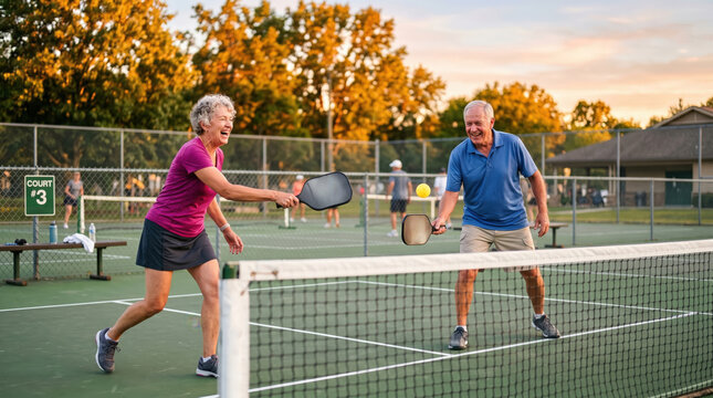 Senior couple playing pickleball on an outdoor court. Active older man and woman hitting the ball over the net during golden hour. Healthy retirement lifestyle concept