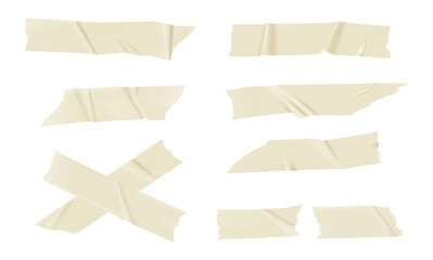 Fototapeta premium Ripped adhesive tape pieces with wrinkled surface, isolated tan masking tape collection for design