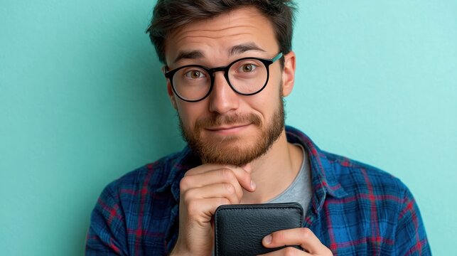 Thoughtful man holding closed unbranded wallet against mint background