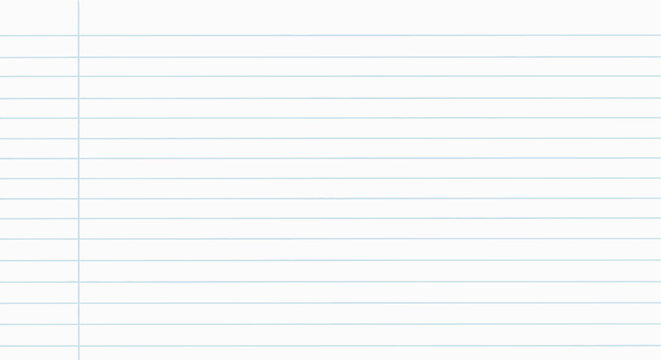 Lined notebook paper background, white ruled school paper texture with blue horizontal lines, clean academic stationery vector for education and writing