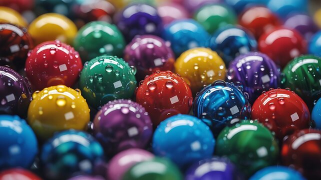 A close-up of colorful glass marbles covered in water droplets, creating a vibrant and abstract texture