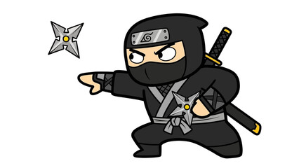 Obraz premium Chibi ninja character vector illustration, cute cartoon shinobi throwing shuriken star, black martial arts warrior with katana sword on white background