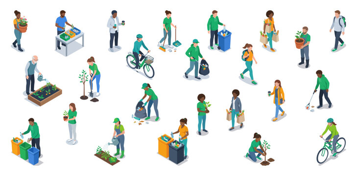 Eco friendly citizens gardening recycling and cycling | Sustainable green city community lifestyle characters | Isometric vector illustration