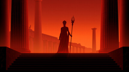 Fototapeta premium Stunning silhouette illustration of Hera, the powerful Greek goddess and queen of Olympus, standing holding a royal scepter in front of a grand ancient temple with massive columns under a glowing r...