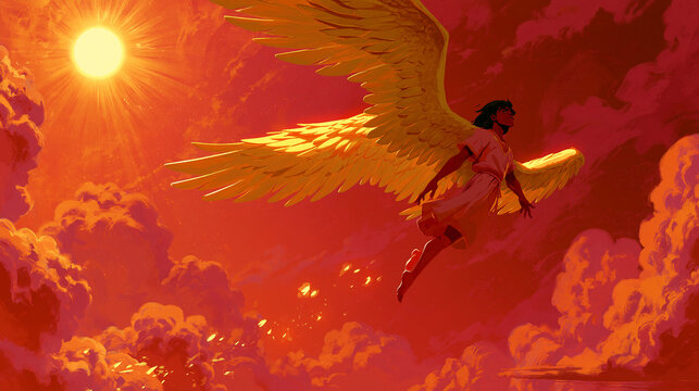A stunning digital illustration of Icarus with massive golden wings flying towards a bright, radiant sun against a backdrop of dramatic fiery red and orange clouds in a mythical sky scene.