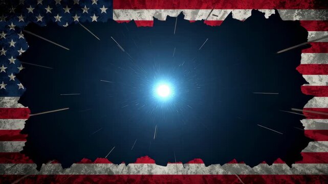 An abstract representation of the American flag with a dark, starburst-filled void in the center, creating a dramatic and conceptual visual with patriotic colors and a sense of depth.