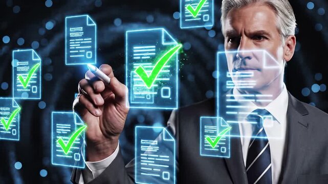 Businessman in suit touches a virtual checklist with pen. Document approval and compliance verification through digital workflow management. Paperless electronic signature, audit, and quality control