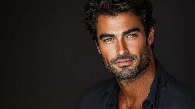 Handsome Man with Freckles and Dark Curly Hair Posing Confidently in Studio Portrait