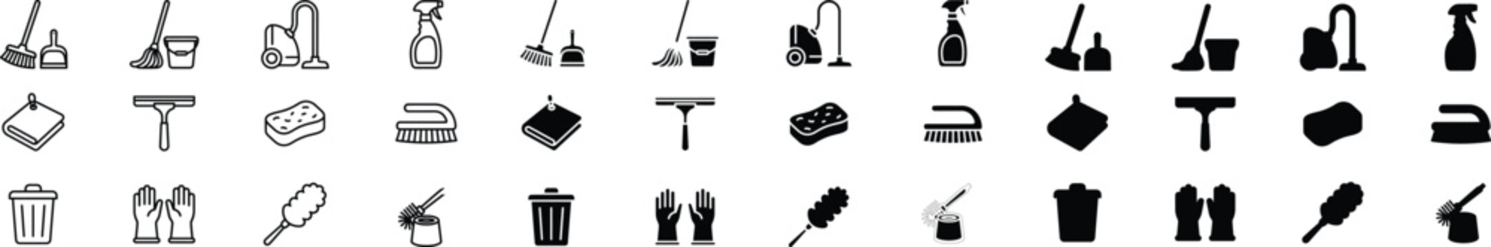 Cleaning service icon mega set with vacuum mop spray bottle brush and trash bin in linear and glyph style vector
