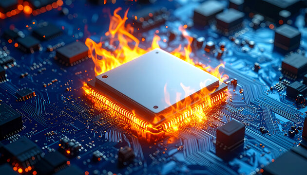 A computer CPU chip burning with bright flames on a blue motherboard, symbolizing hardware overheating.