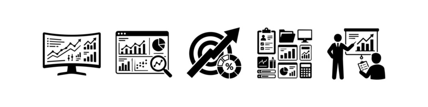 A set of black business icons representing data analysis, growth, and presentations. Includes charts, graphs, a target, browser dashboards, and a professional meeting scene for financial reports.