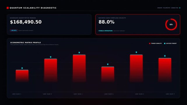 Dynamic motion video of financial data analysis with animated red bar charts showing growth and performance metrics in real-time for business and investment insights.