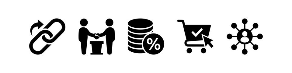 Set of affiliate marketing icons featuring link sharing, partnership handshake, commission coins, shopping cart checkout, and network reach. Minimalist black vector symbols on white background. © Nort Kor