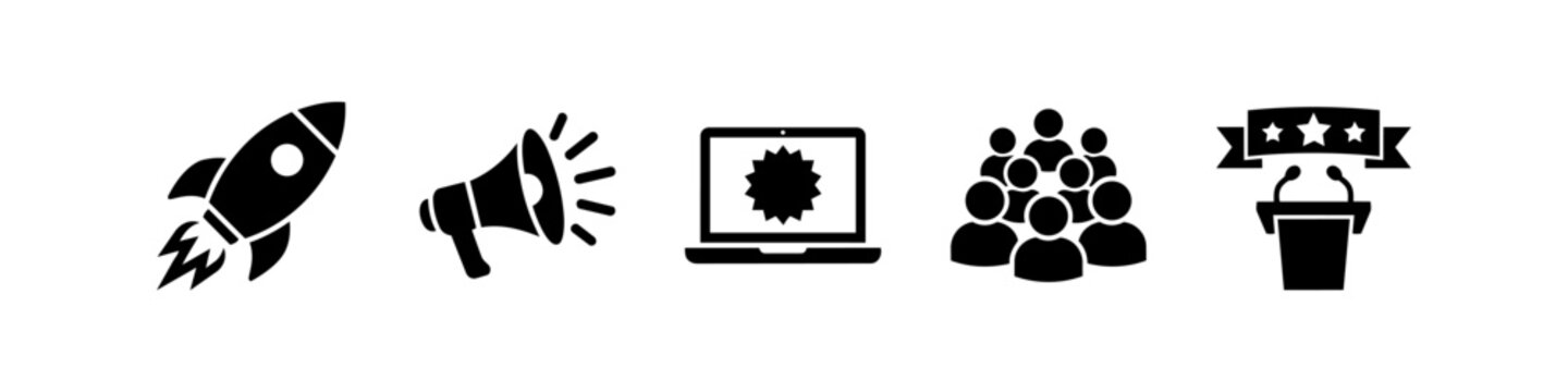 Vector icon set for marketing, business launch, and communication, featuring a rocket, megaphone, laptop, audience, and podium, isolated on a white background.