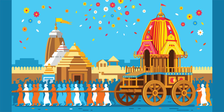 Jagannath Rath Yatra festival illustration of giant colorful chariot pulled by devotees past sacred temple towers in Puri Odisha, vibrant Indian religious procession banner for pilgrimage celebrations
