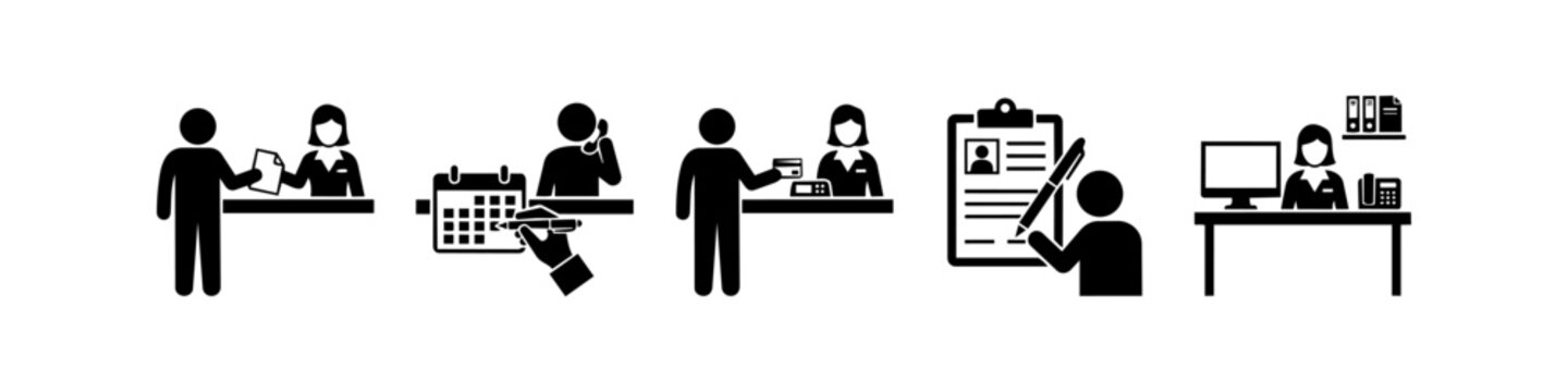 Vector icon set illustrating various office and customer service tasks including booking appointments, making payments, signing documents, and administrative desk work.