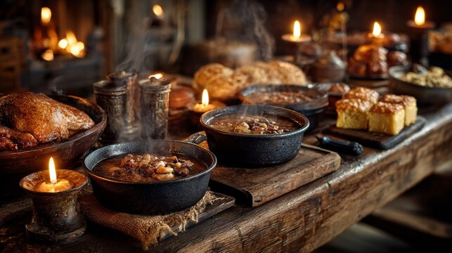 A rustic medieval feast spread across a wooden table, illuminated by flickering candlelight. Several steaming bowls of stew, a roasted bird, bread.