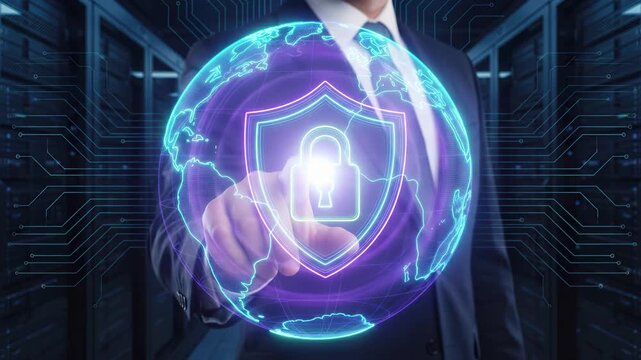 Businessman touching a virtual globe with a security shield and padlock inside a data center. Cybersecurity and global network protection for digital information, online privacy, and secure business
