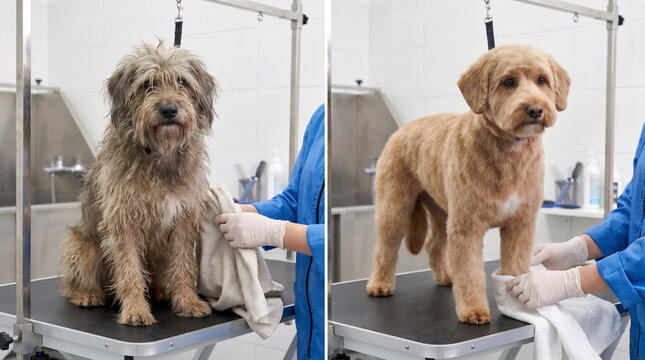 Same shaggy mixed breed dog shown before and after grooming in a clean studio