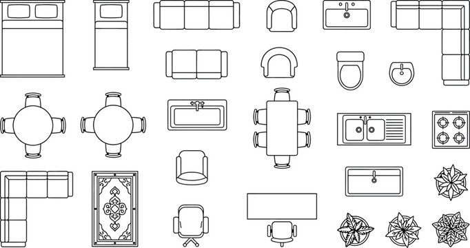 Set of furniture icons for interior design floor plans, top view