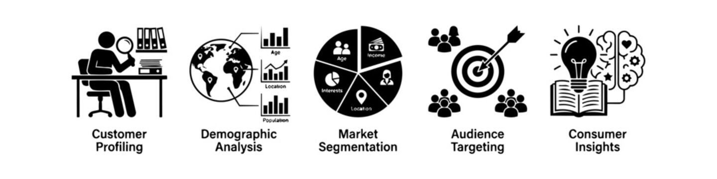 Set of black and white business marketing icons for customer profiling, demographic analysis, market segmentation, audience targeting, and consumer insights. Ideal for strategic presentations.