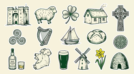 Set of handdrawn irish symbols and icons, including castle, sheep, shamrock, harp, map of ireland, stout beer, and celtic cross © SampaRani