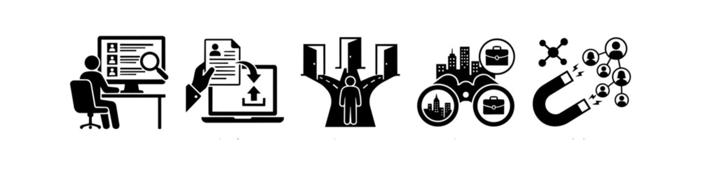 Collection of recruitment and job search icons showing a person screening profiles, uploading a resume, choosing career paths, using binoculars for job hunting, and a magnet attracting talent.
