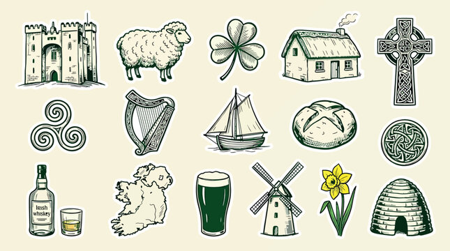 Set of handdrawn irish symbols and icons, including castle, sheep, shamrock, harp, map of ireland, stout beer, and celtic cross