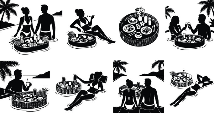 Couples enjoying tropical poolside dining and relaxation