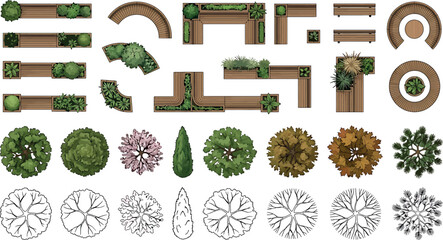 Top view set of urban furniture, wooden benches with planters and various trees for landscape design, isolated on white background © SampaRani