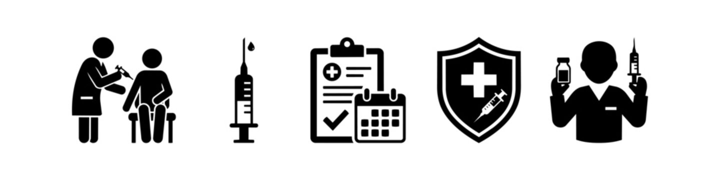 Comprehensive set of vaccination and medical immunization icons including a doctor injecting a patient, syringe, medical clipboard with schedule, immune shield, and pharmacist with vaccine vial.