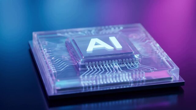 Advanced artificial intelligence processor chip with glowing circuit board and transparent semiconductor design. Futuristic microchip technology for machine learning, neural network and deep computing