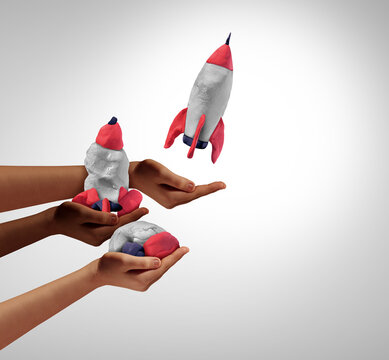 Leading And Developing as a Leadership And Development concept as a symbol for innovation and progress as an icon of improvement as people with evolving clay sculptures with a rocket representing crea