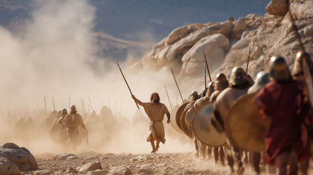 Joshua leading Israel in battle while Moses stands with raised hands on the hill, supported by Aaron and Hur, a powerful display of faith, leadership, and God&rsquo;s victory over Amalek (Exodus 17:8&ndash;13).