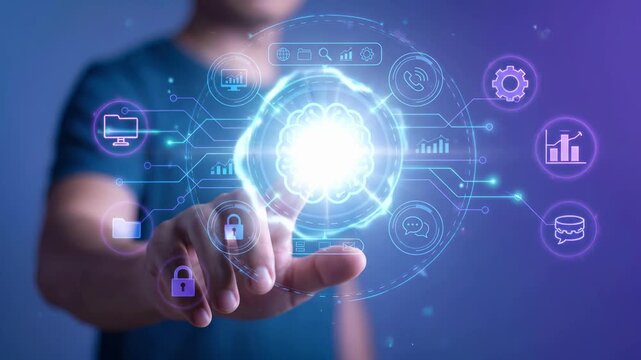 Artificial intelligence and machine learning interface with a brain, digital network, and futuristic icons. Innovation in data analytics, automation, cyber security, and smart computing technology.