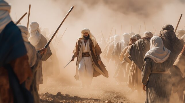 King Saul leading Israel to victory in battle as the enemy flees in disorder, a moment of unity, relief, and growing confidence in the biblical history of Israel (1 Samuel).