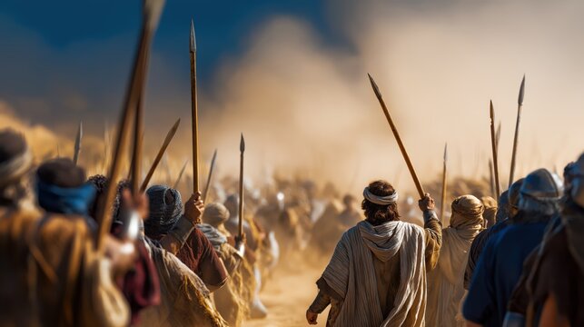 King Saul leading Israel to victory in battle as the enemy flees in disorder, a moment of unity, relief, and growing confidence in the biblical history of Israel (1 Samuel).