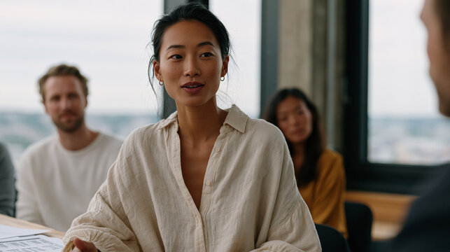 Workplace diversity initiative focus group in a coworking loft, HR strategist in her forties presenting inclusion audit findings to a cross-functional panel, printed data packets on the table, overc