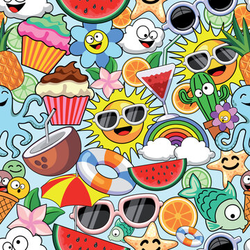 Summer icons Cute and Colorful Elements composed on a Vector Repeat Textile Seamless Pattern EPS
