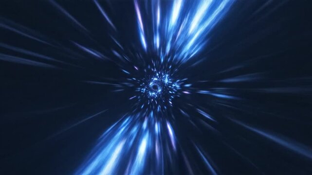 Abstract dark tunnel with bright blue and purple streaks of light moving towards a center point, simulating a hyperspace jump or high-speed data transfer through fiber optics.